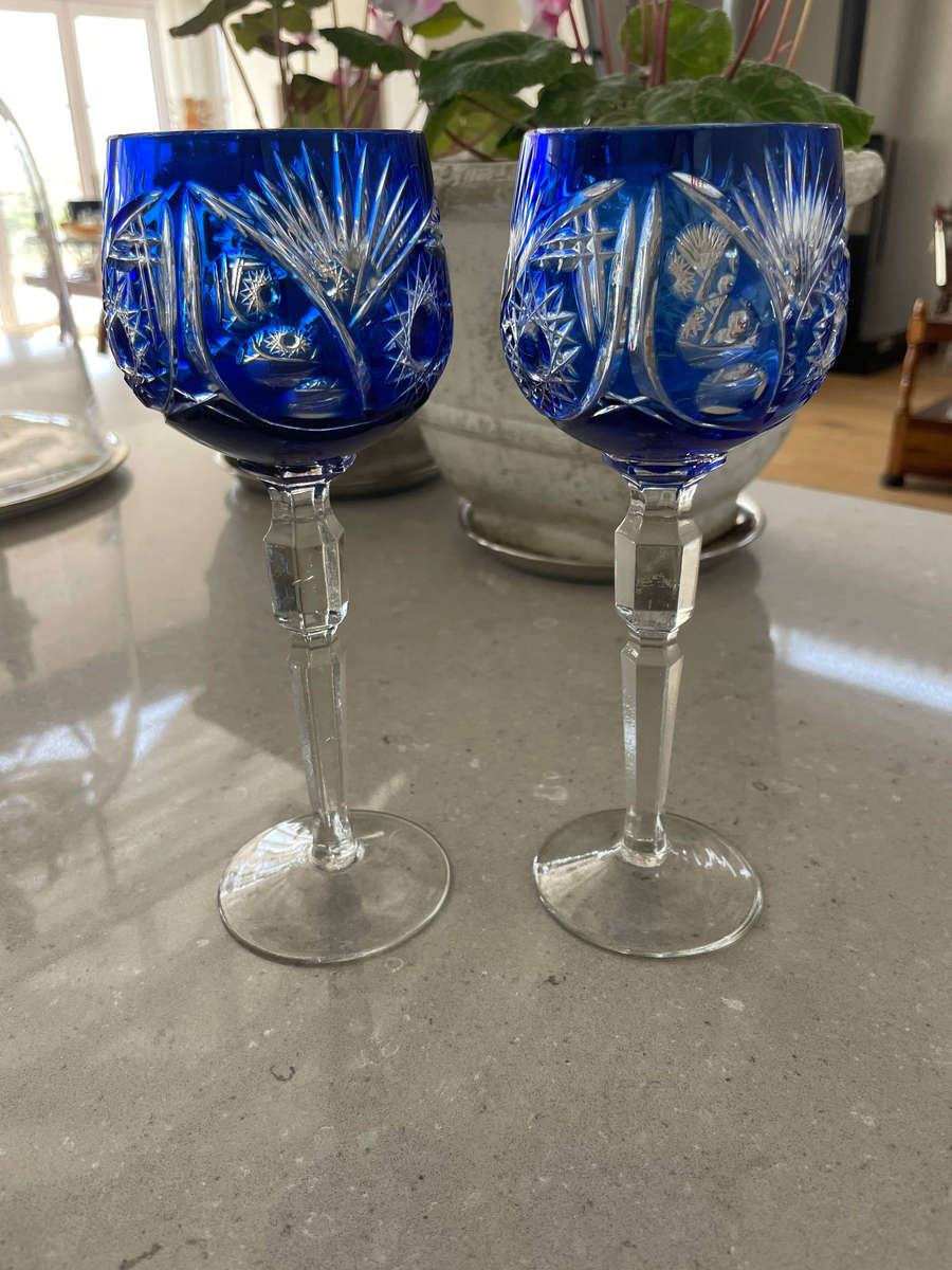 Bohemian Crystal Cut to Clear Cobalt Blue Wine Glasses/ Goblets Lead Crystal! Set of 2!