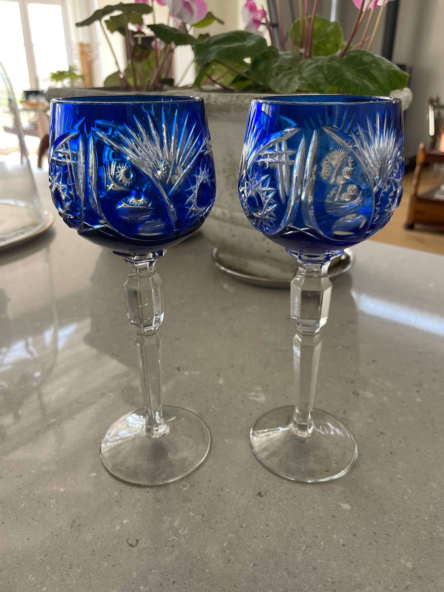 Bohemian Crystal Cut to Clear Cobalt Blue Wine Glasses/ Goblets Lead Crystal! Set of 2!