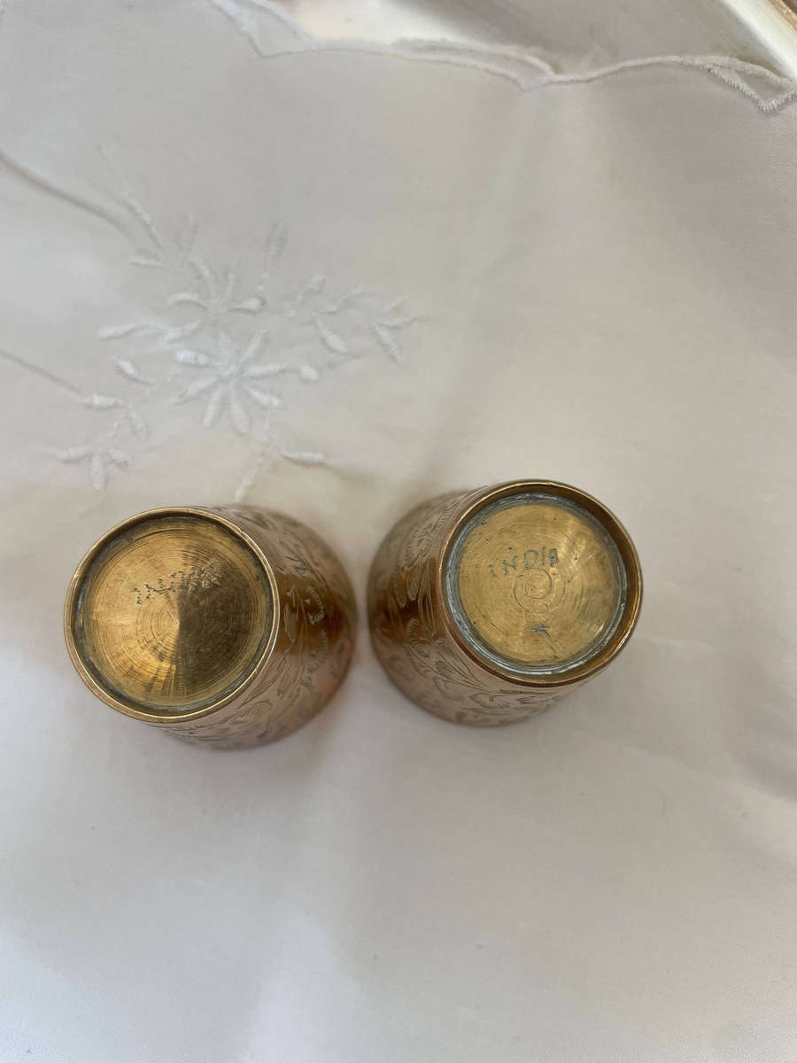 Vintage Indian Hand-Engraved Etched Leaf Patterned Brass Metal Lassi Cup Marked India!