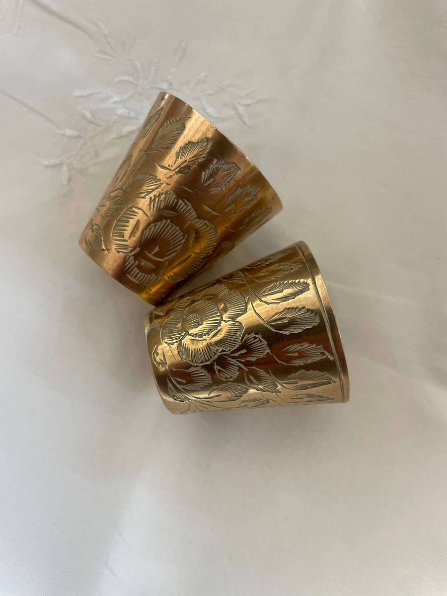Vintage Indian Hand-Engraved Etched Leaf Patterned Brass Metal Lassi Cup Marked India!
