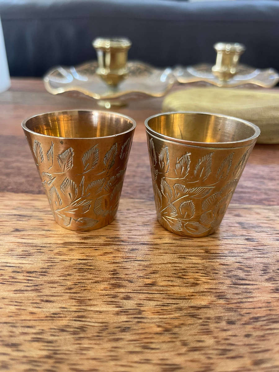 Vintage Indian Hand-Engraved Etched Leaf Patterned Brass Metal Lassi Cup Marked India!