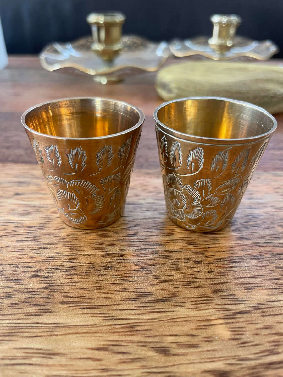 Vintage Indian Hand-Engraved Etched Leaf Patterned Brass Metal Lassi Cup Marked India!