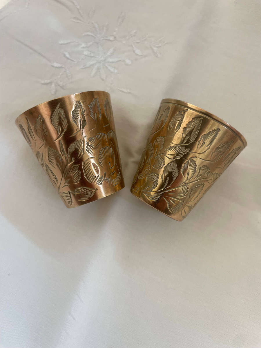 Vintage Indian Hand-Engraved Etched Leaf Patterned Brass Metal Lassi Cup Marked India!