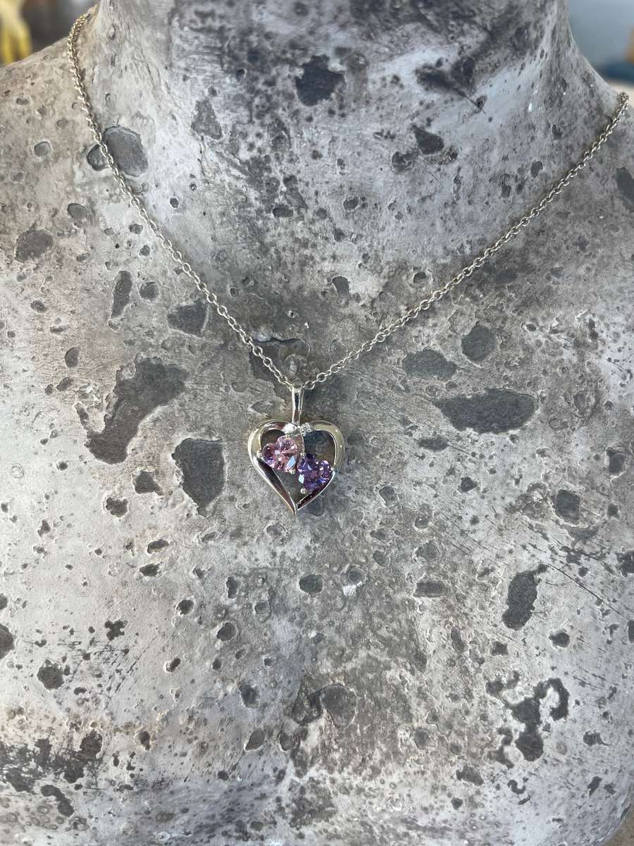 Heart pendant and chain 925 sterling silver featuring two amethyst/tourmaline coloured stones.