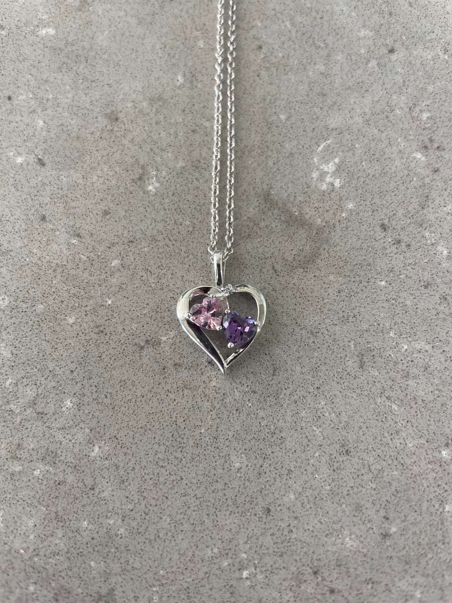 Heart pendant and chain 925 sterling silver featuring two amethyst/tourmaline coloured stones.