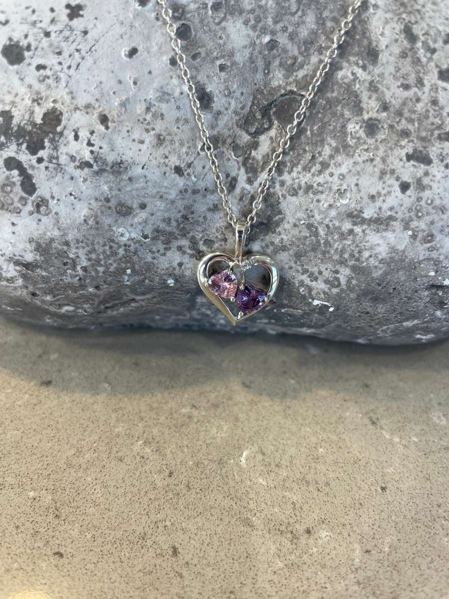 Heart pendant and chain 925 sterling silver featuring two amethyst/tourmaline coloured stones.