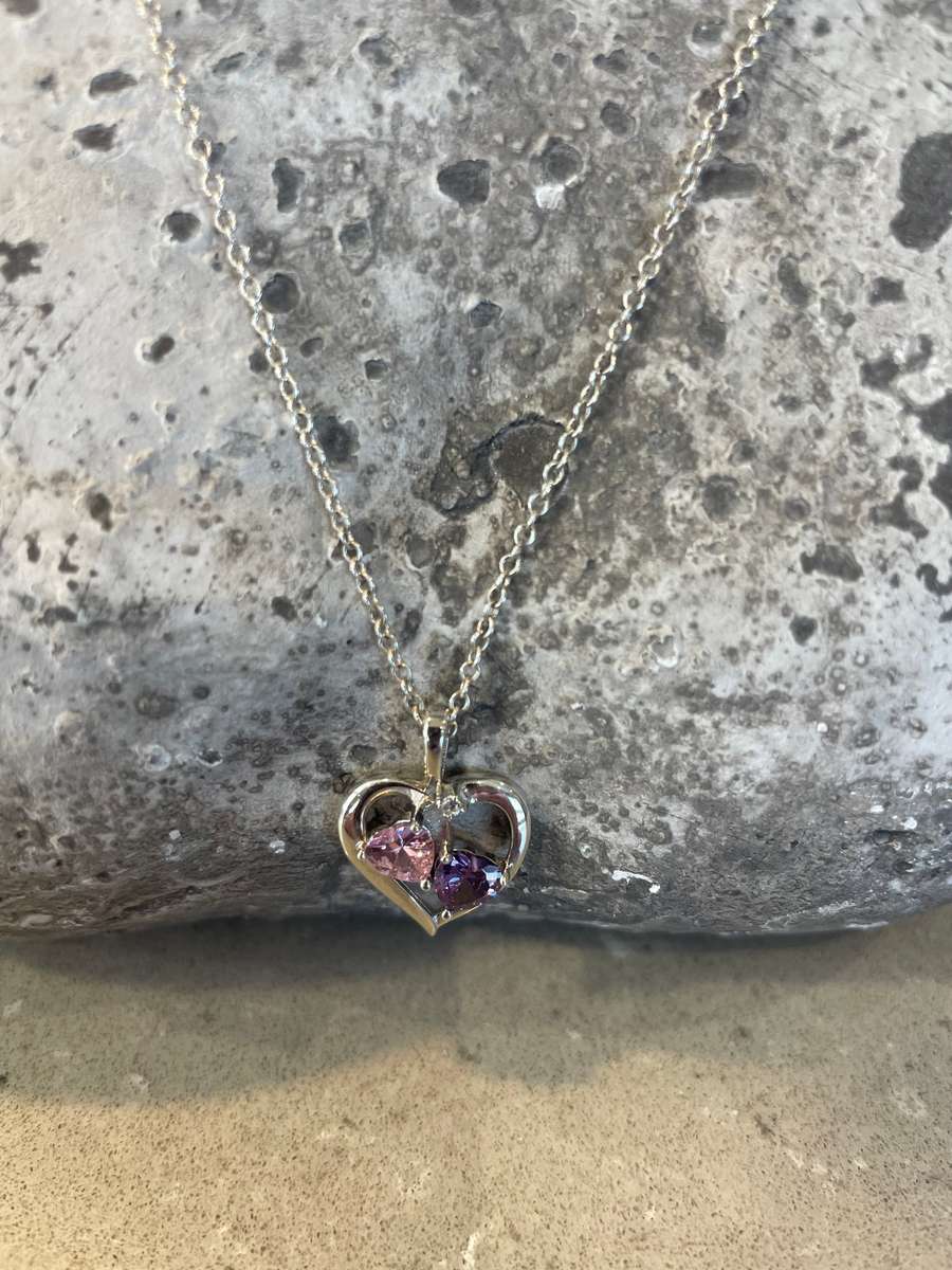 Heart pendant and chain 925 sterling silver featuring two amethyst/tourmaline coloured stones.