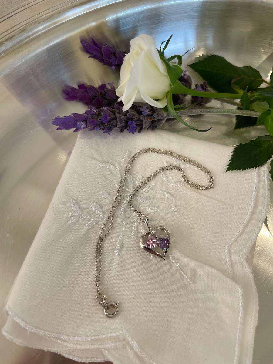 Heart pendant and chain 925 sterling silver featuring two amethyst/tourmaline coloured stones.