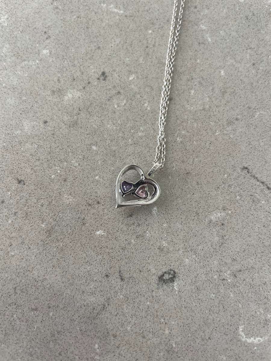Heart pendant and chain 925 sterling silver featuring two amethyst/tourmaline coloured stones.