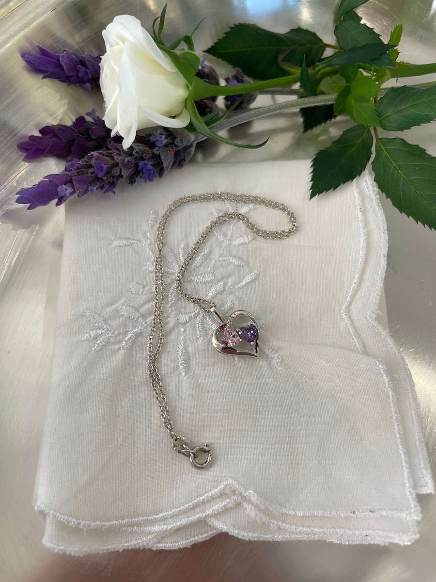 Heart pendant and chain 925 sterling silver featuring two amethyst/tourmaline coloured stones.