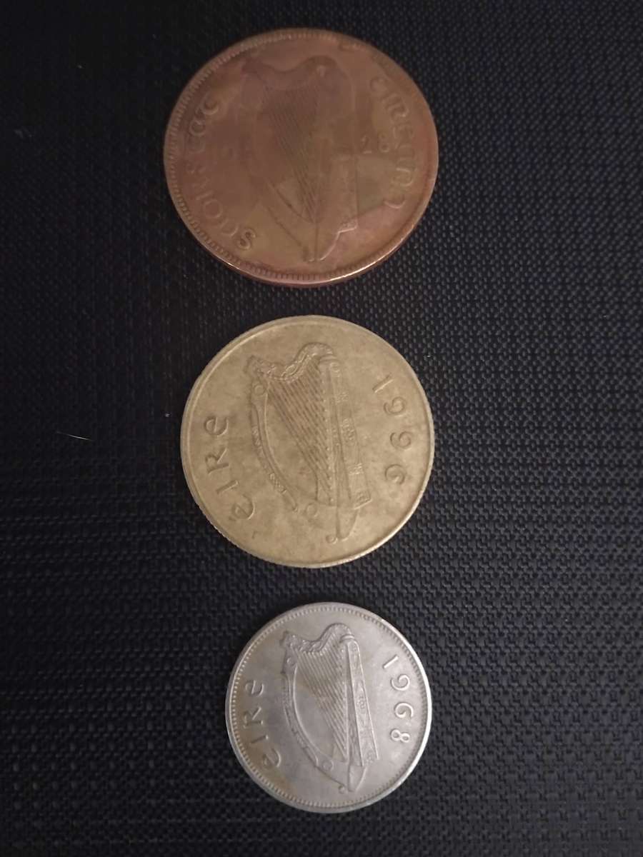 Irish 1928 1d, 1968 6d and 1996 20p Coins . One bid for all three