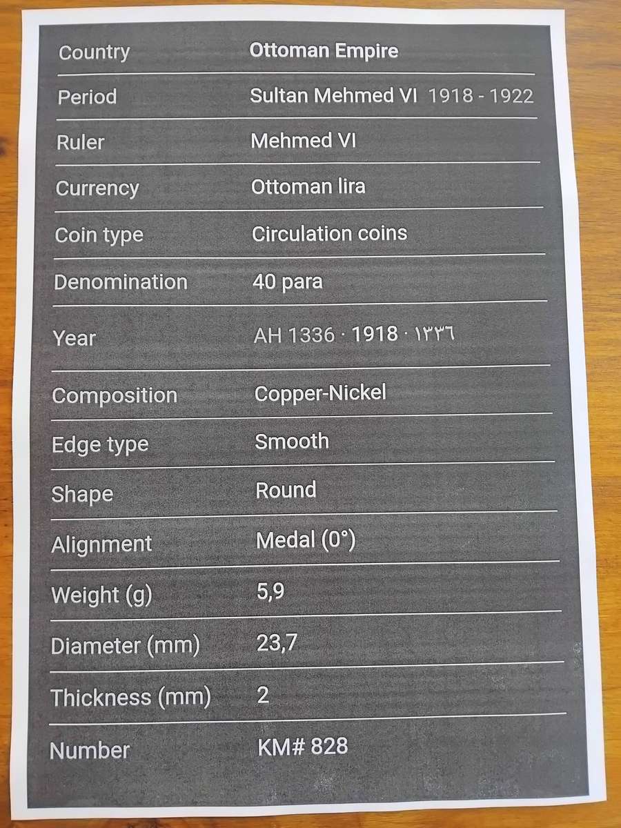 Ottoman Empire (Turkey) 40 Para Coin, Circa 1909 - 1918