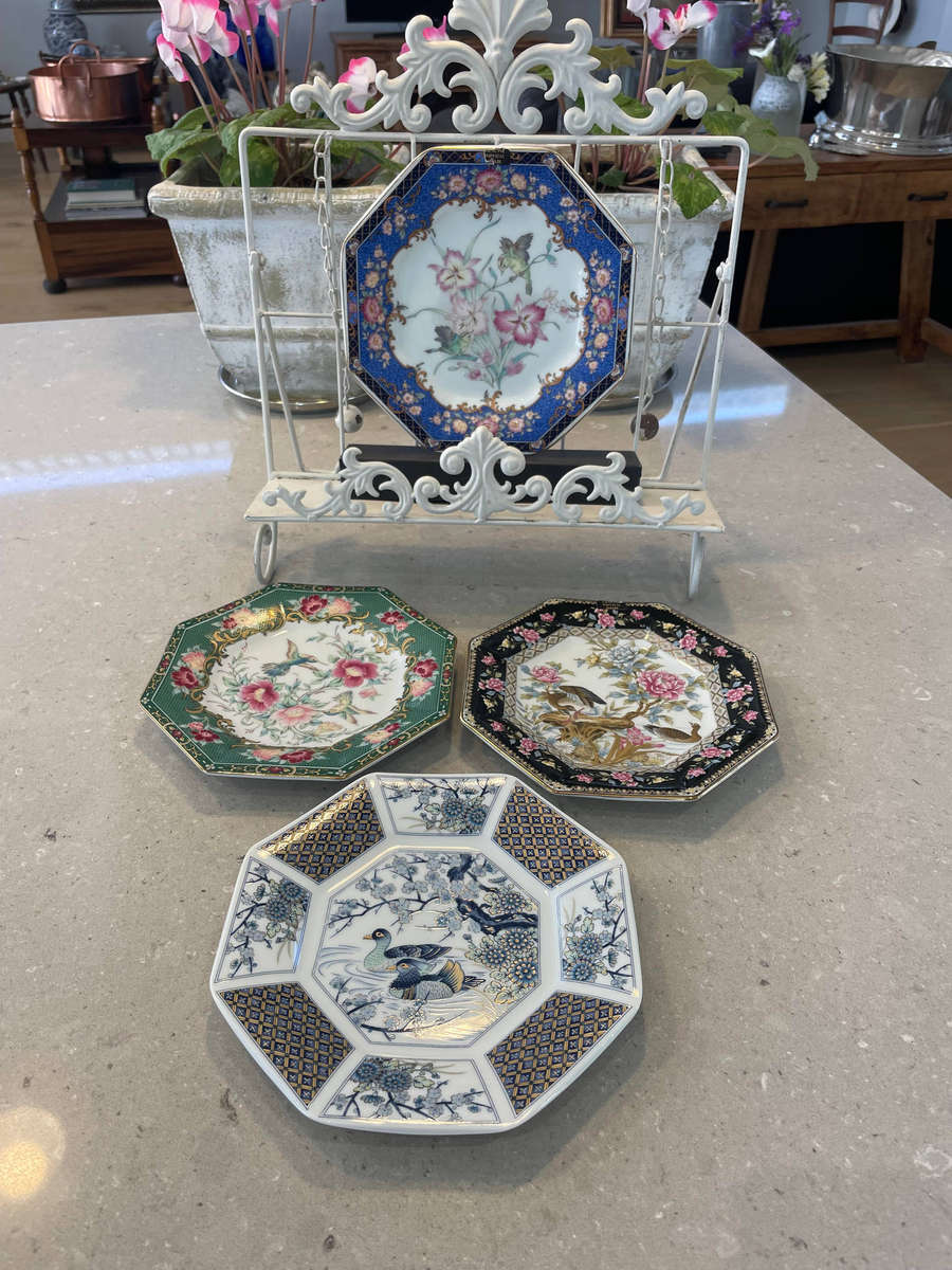 Japanese porcelain octagonal "Imari" plates with floral and bird designs. All 4 plates.