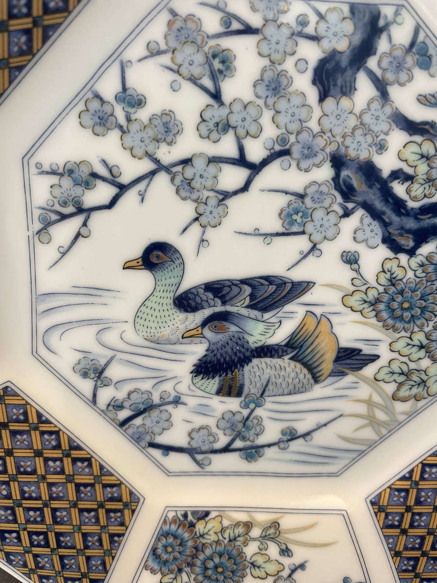 Japanese porcelain octagonal "Imari" plates with floral and bird designs. All 4 plates.