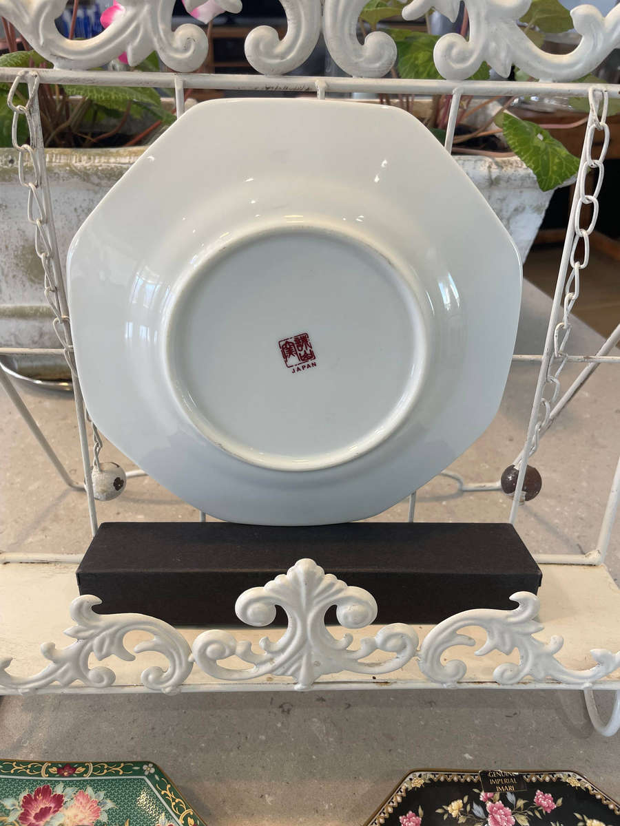 Japanese porcelain octagonal "Imari" plates with floral and bird designs. All 4 plates.