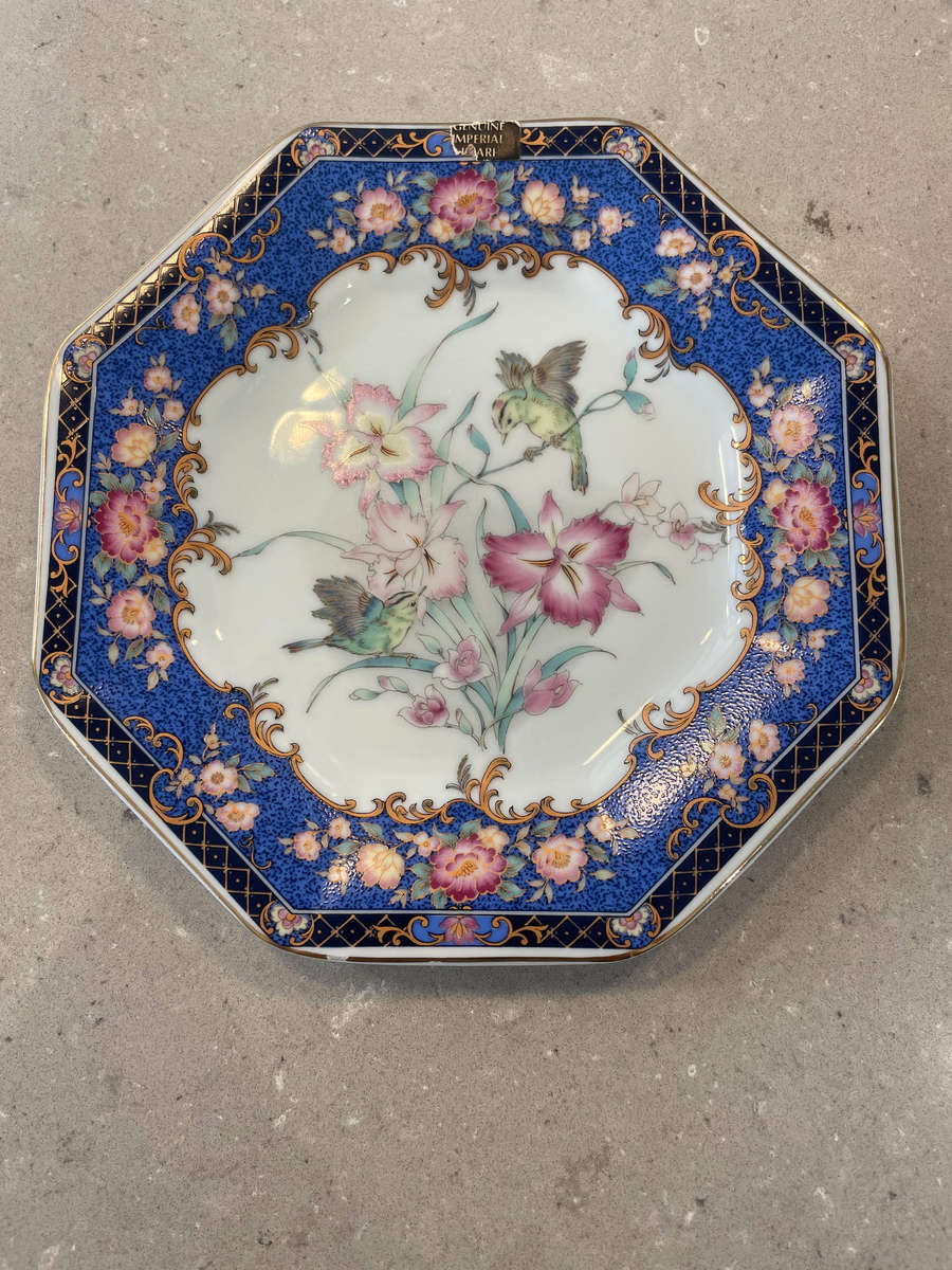 Japanese porcelain octagonal "Imari" plates with floral and bird designs. All 4 plates.