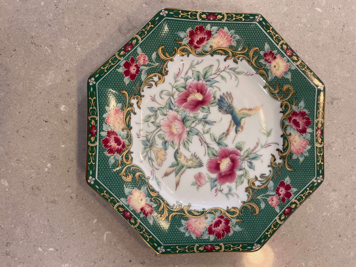 Japanese porcelain octagonal "Imari" plates with floral and bird designs. All 4 plates.