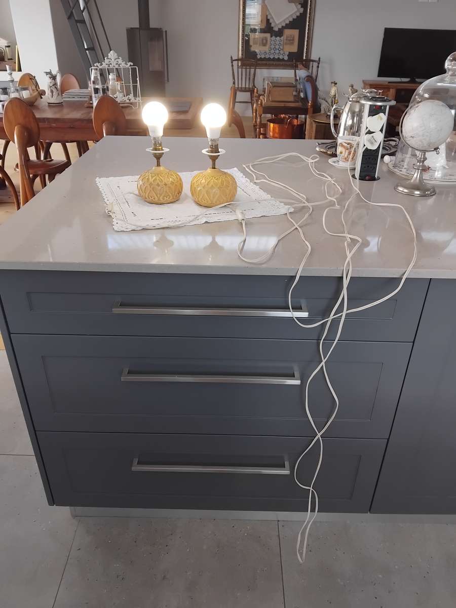 Vintage 1960s set of two cream and tan plaster ware small table lamp.