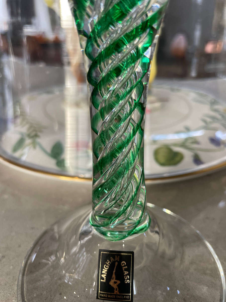 Langham Glass Hand-Made Crystal Olde English Emerald Green Candlestick Signed and marked!!