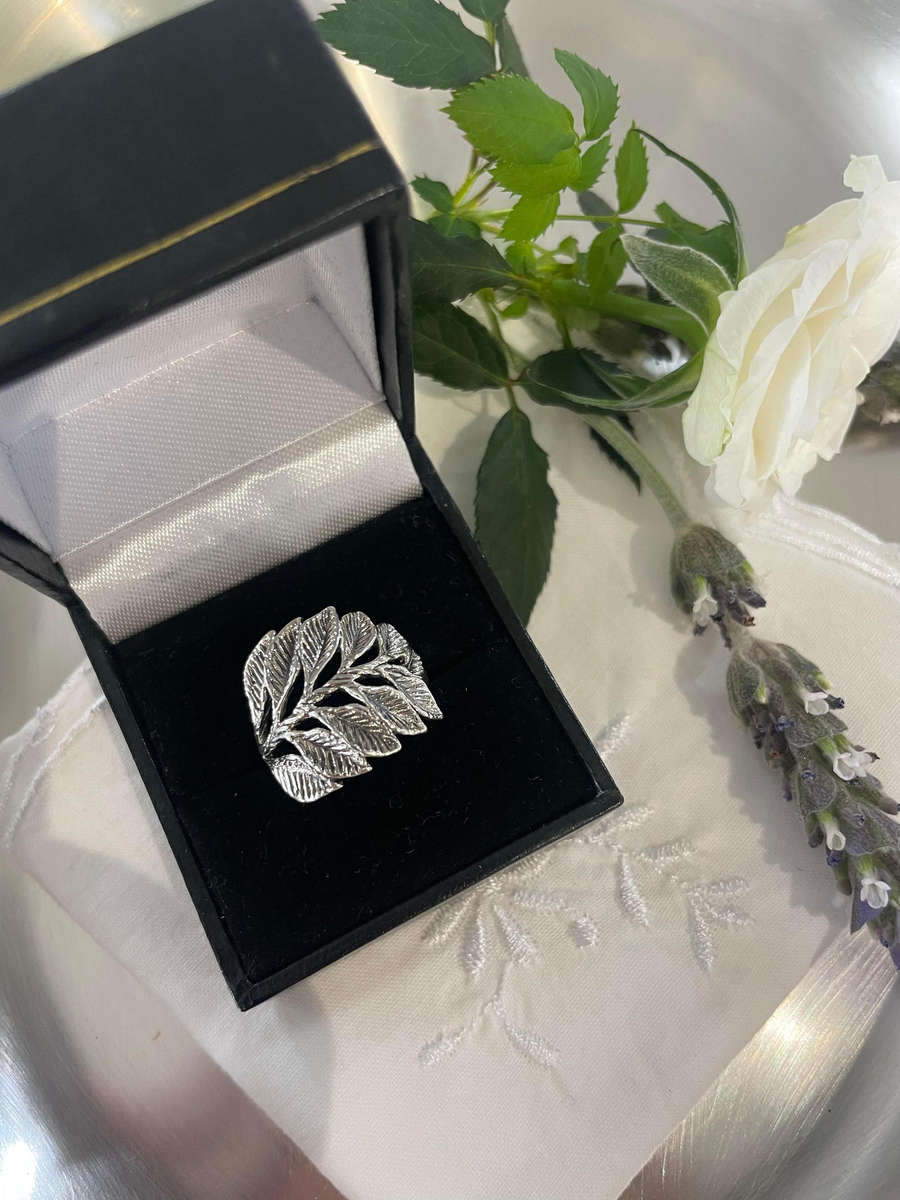 Silver leaf ring crafted from 925 sterling silver.