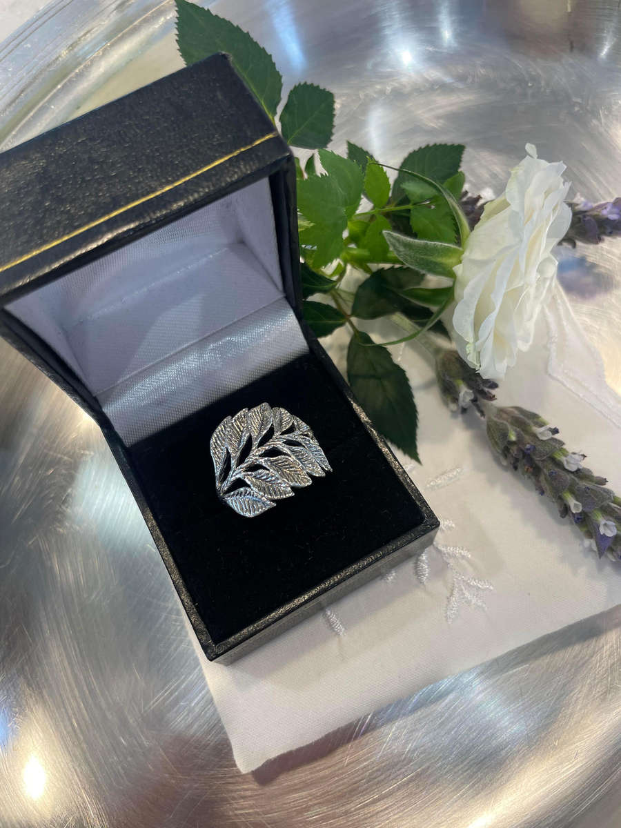 Silver leaf ring crafted from 925 sterling silver.