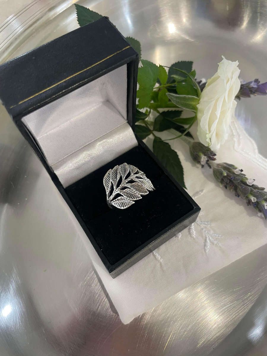 Silver leaf ring crafted from 925 sterling silver.