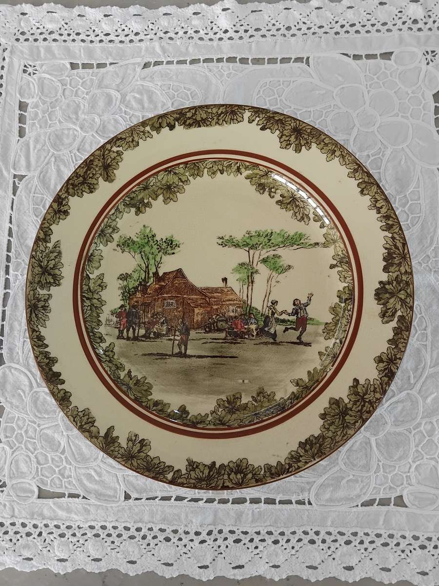 Vintage Royal Doulton Transferware Cabinet Plate - Pilgrims home scene - Leaf border.