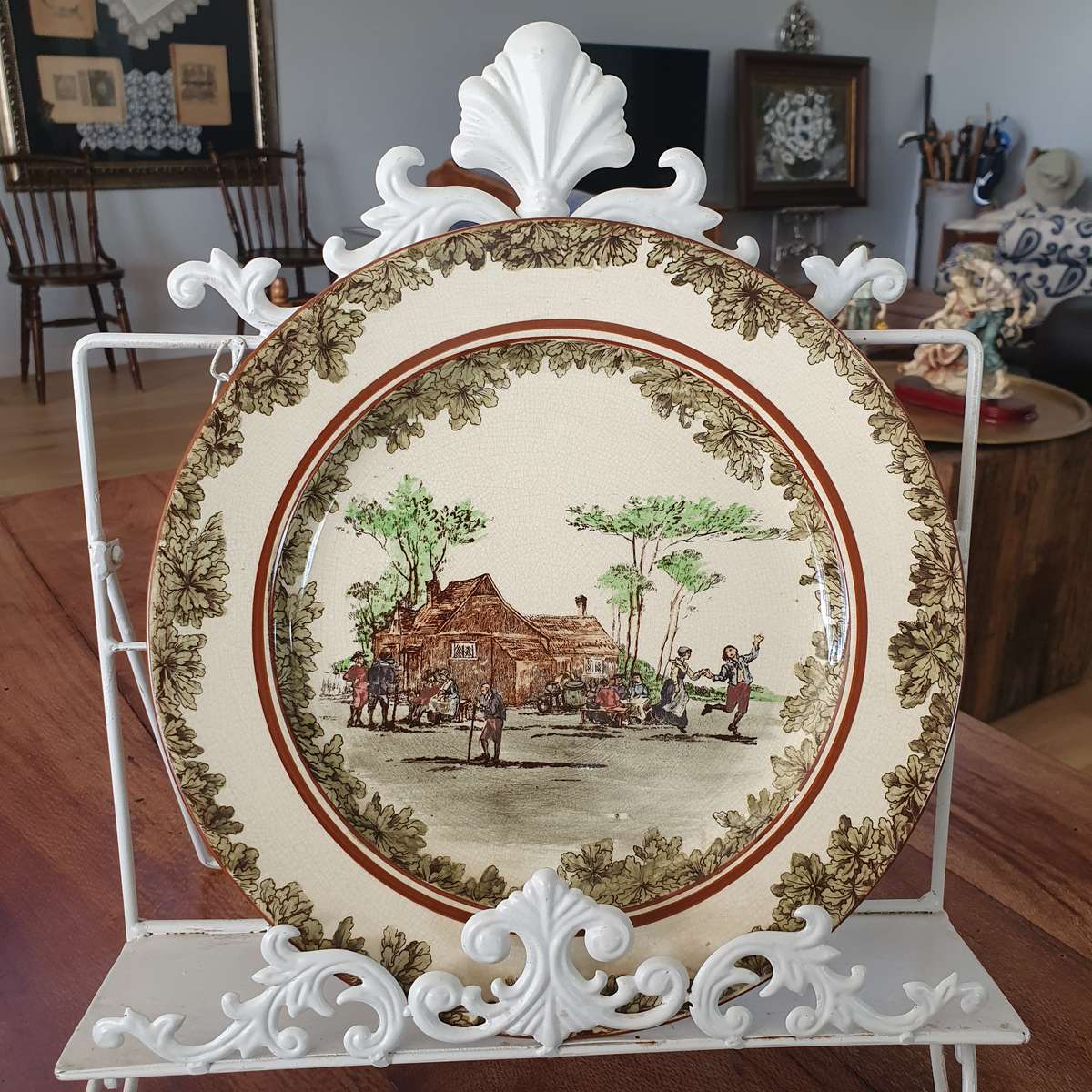 Vintage Royal Doulton Transferware Cabinet Plate - Pilgrims home scene - Leaf border.