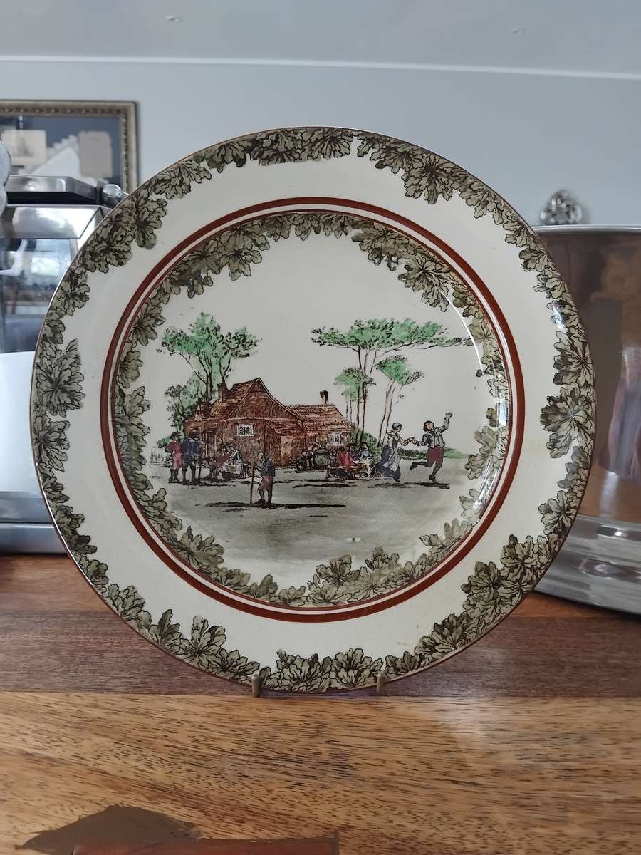 Vintage Royal Doulton Transferware Cabinet Plate - Pilgrims home scene - Leaf border.