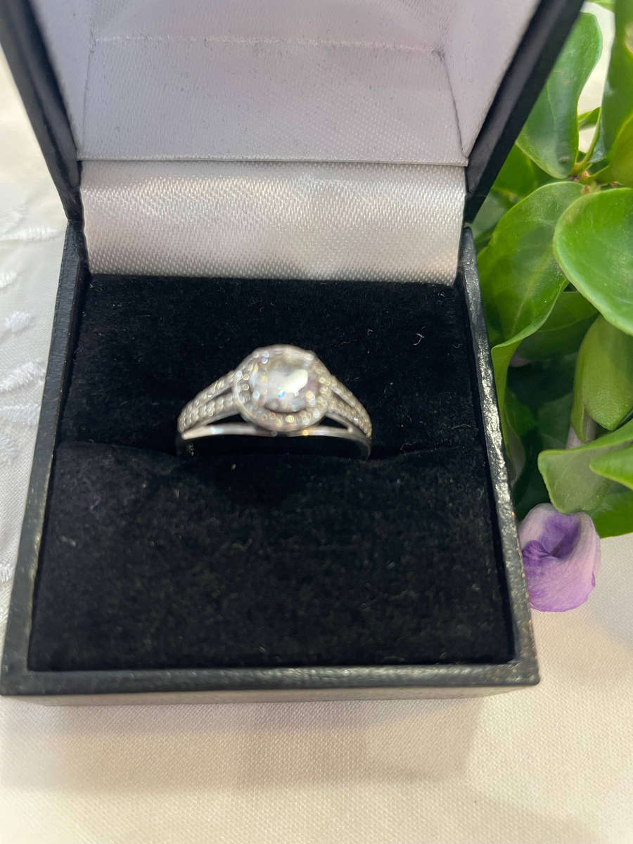 Bright Sterling Silver 925 stamped Engagement, promise ring with CZ surrounded by smaller CZ!