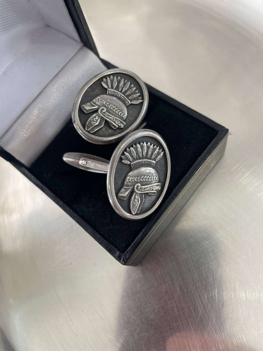 Vintage SILVER Stamped Roman/Trojan Helmets, Set Within Oval Medallions, Cufflinks, Pair