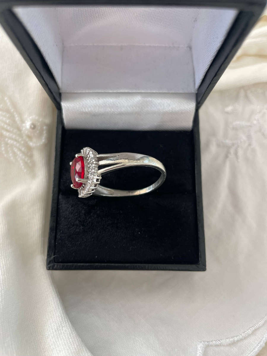 Sterling Silver 925 Split Shank Band & Oval-cut Simulated Ruby and Cubic Zirconia Halo Ring.