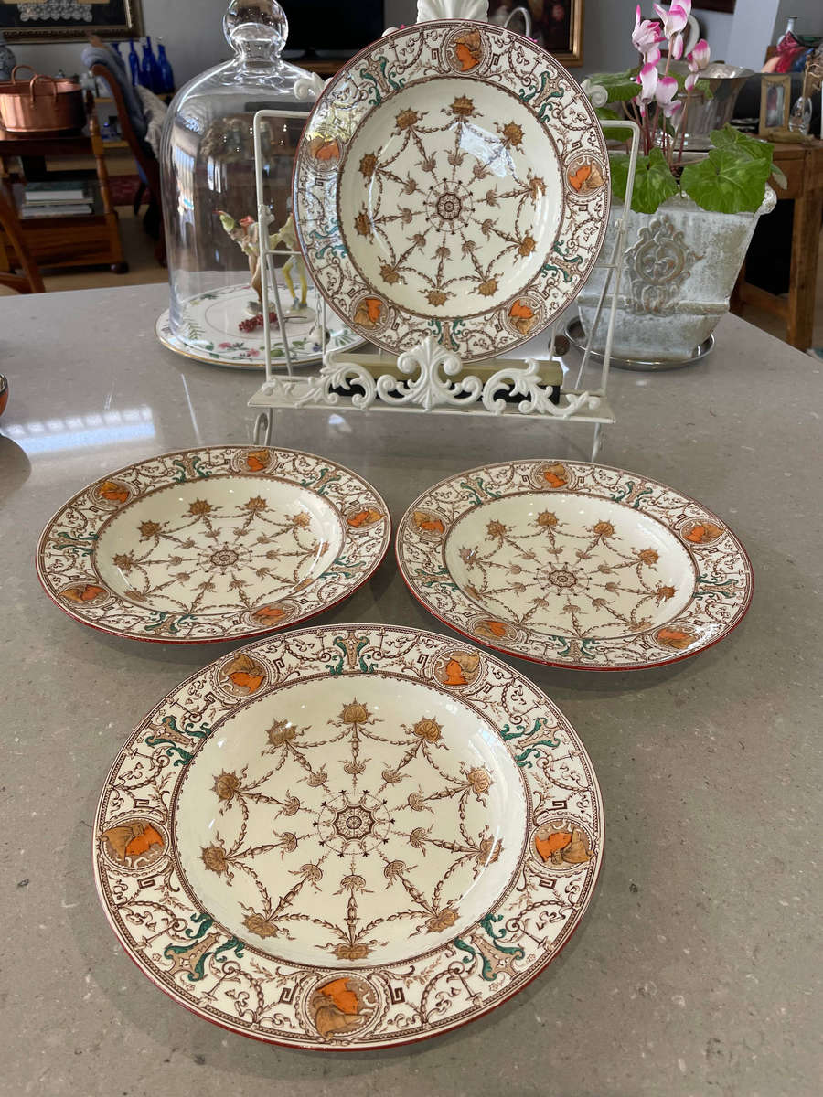 Rare, Antique 1886 TC Brown Westhead Moore and Co 4 Large Dessert/Salad Plates - "Design Pergolesi"