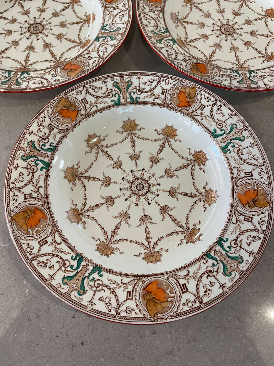 Rare, Antique 1886 TC Brown Westhead Moore and Co 4 Large Dessert/Salad Plates - "Design Pergolesi"