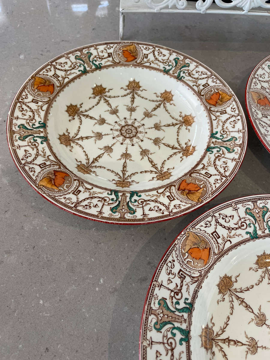 Rare, Antique 1886 TC Brown Westhead Moore and Co 4 Large Dessert/Salad Plates - "Design Pergolesi"