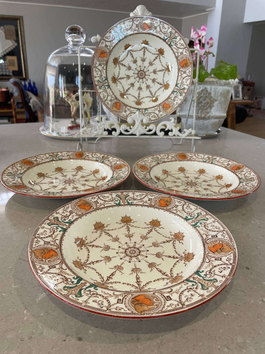 Rare, Antique 1886 TC Brown Westhead Moore and Co 4 Large Dessert/Salad Plates - "Design Pergolesi"