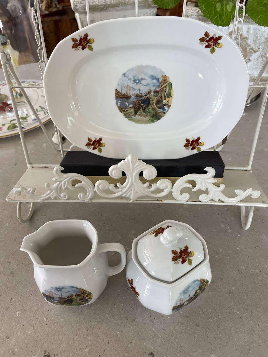 VINTAGE 1984 ROYAL SCHWABAP HANDCRAFTED TRAY, SUGAR BOWL & LID + CREAMER, TER STEEGE BV HOLLAND
