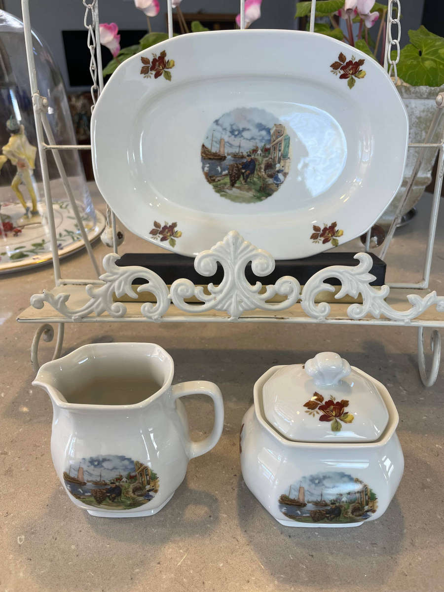 VINTAGE 1984 ROYAL SCHWABAP HANDCRAFTED TRAY, SUGAR BOWL & LID + CREAMER, TER STEEGE BV HOLLAND