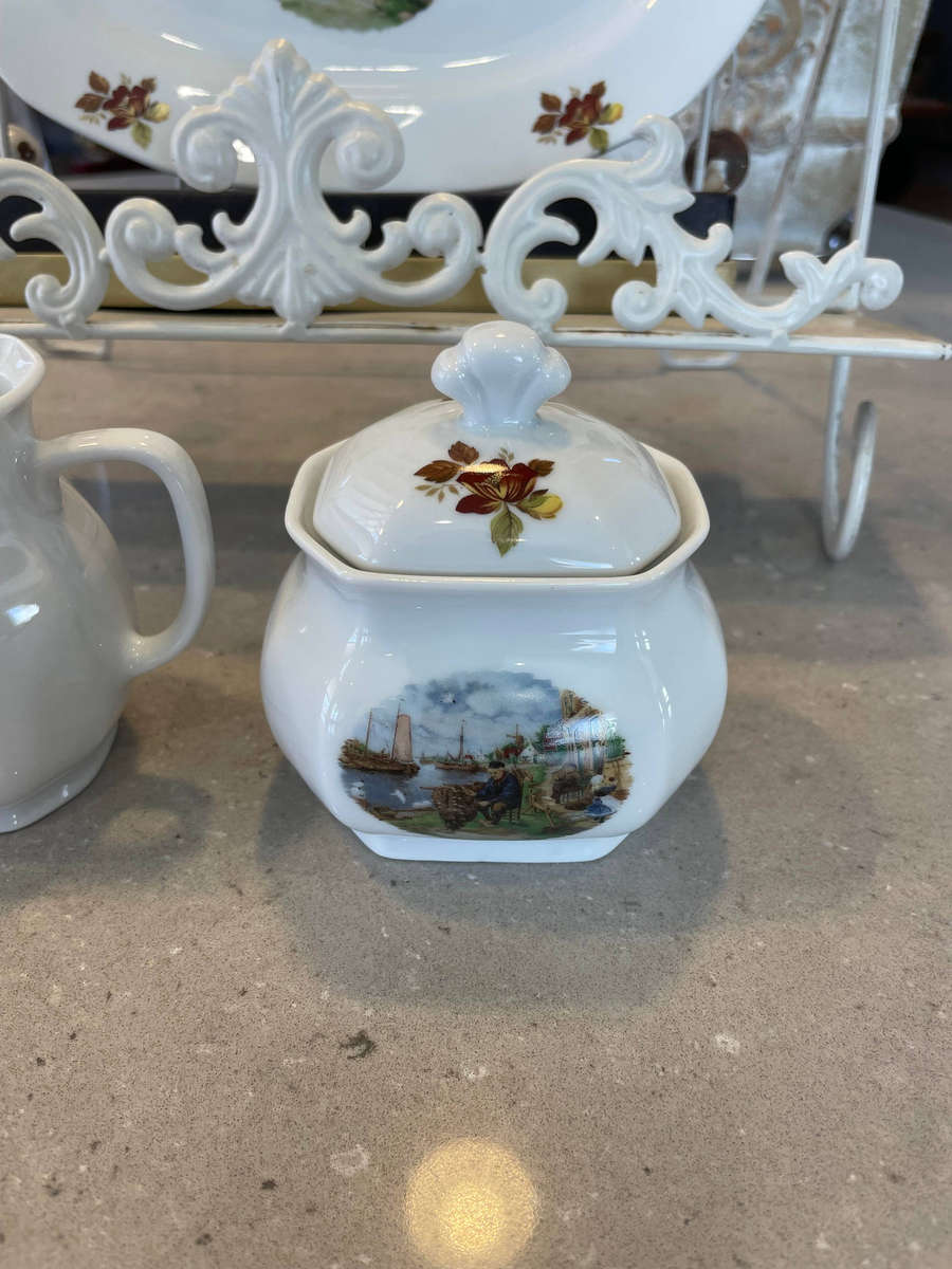 VINTAGE 1984 ROYAL SCHWABAP HANDCRAFTED TRAY, SUGAR BOWL & LID + CREAMER, TER STEEGE BV HOLLAND