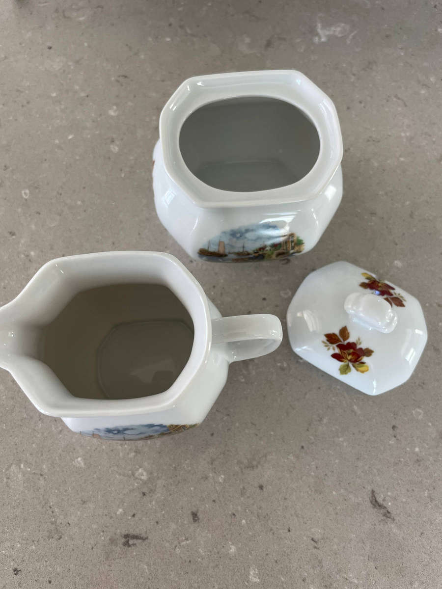 VINTAGE 1984 ROYAL SCHWABAP HANDCRAFTED TRAY, SUGAR BOWL & LID + CREAMER, TER STEEGE BV HOLLAND