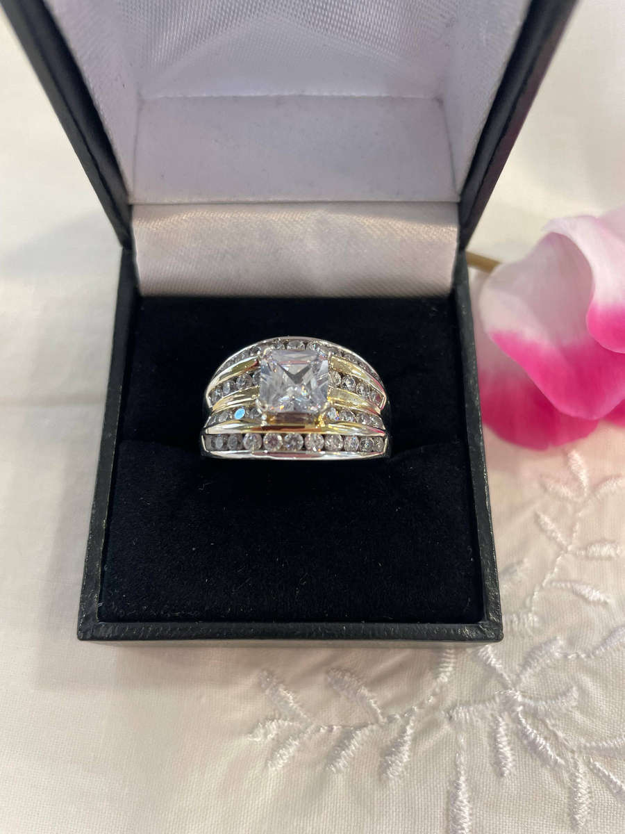 Sterling silver 925 Wedding Bridal Ring Set with Lab-Created Princess Cut CZ