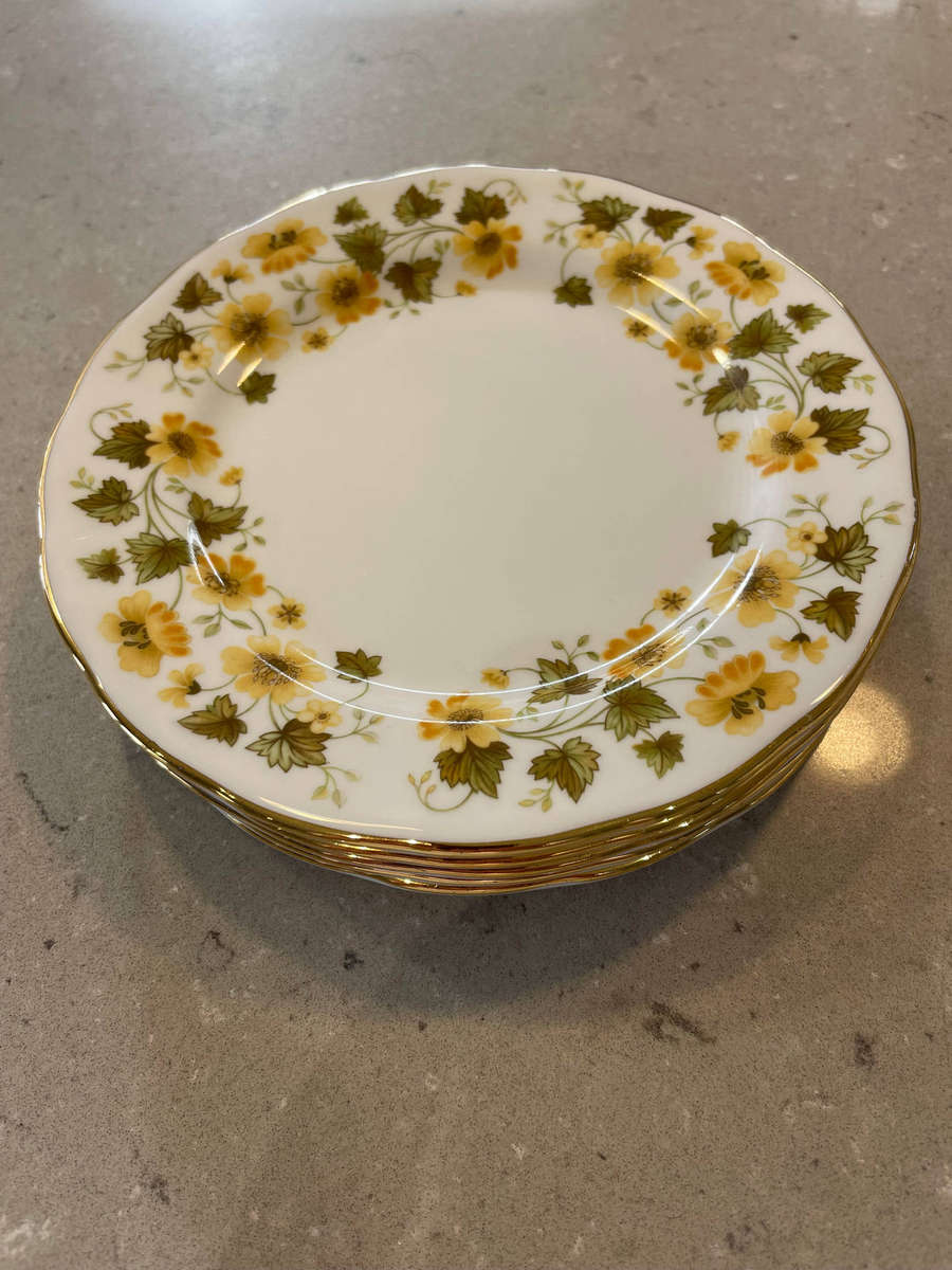 Queen Anne Bone China Footed Cup and Saucer set of 6 & 6 cake plates.  Nr - 8643 Yellow Fowers!!!!