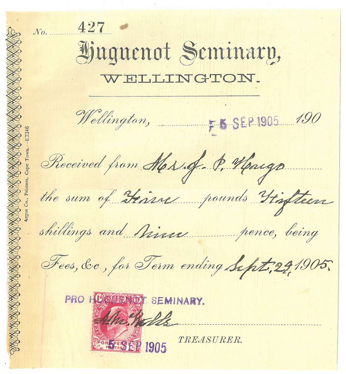 HUGUENOT SEMINARY, WELLINGTON. RECEIPT 05 September 1905. - PLEASE READ DESCRIPTION.