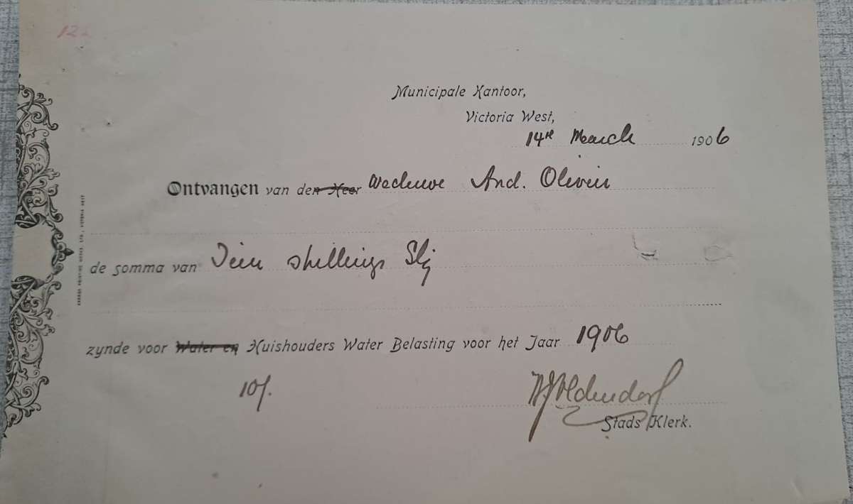 Victoria West Municipal office receipt dated 14 March 1906. - PLEASE READ DESCRIPTION.