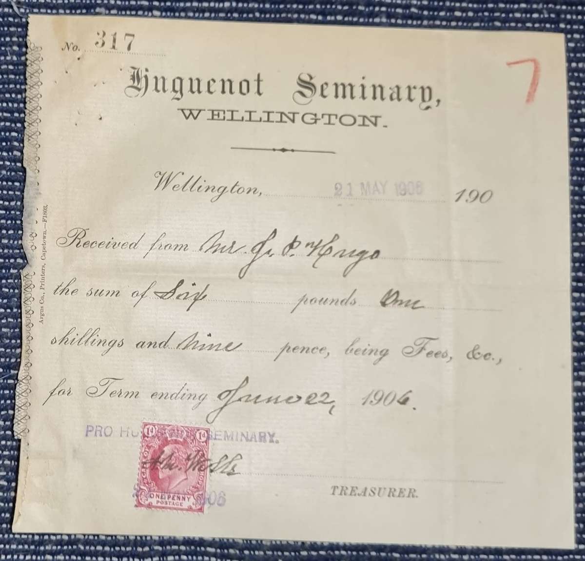 HUGUENOT SEMINARY, WELLINGTON. RECEIPT 21 MAY 1906. - PLEASE READ DESCRIPTION.