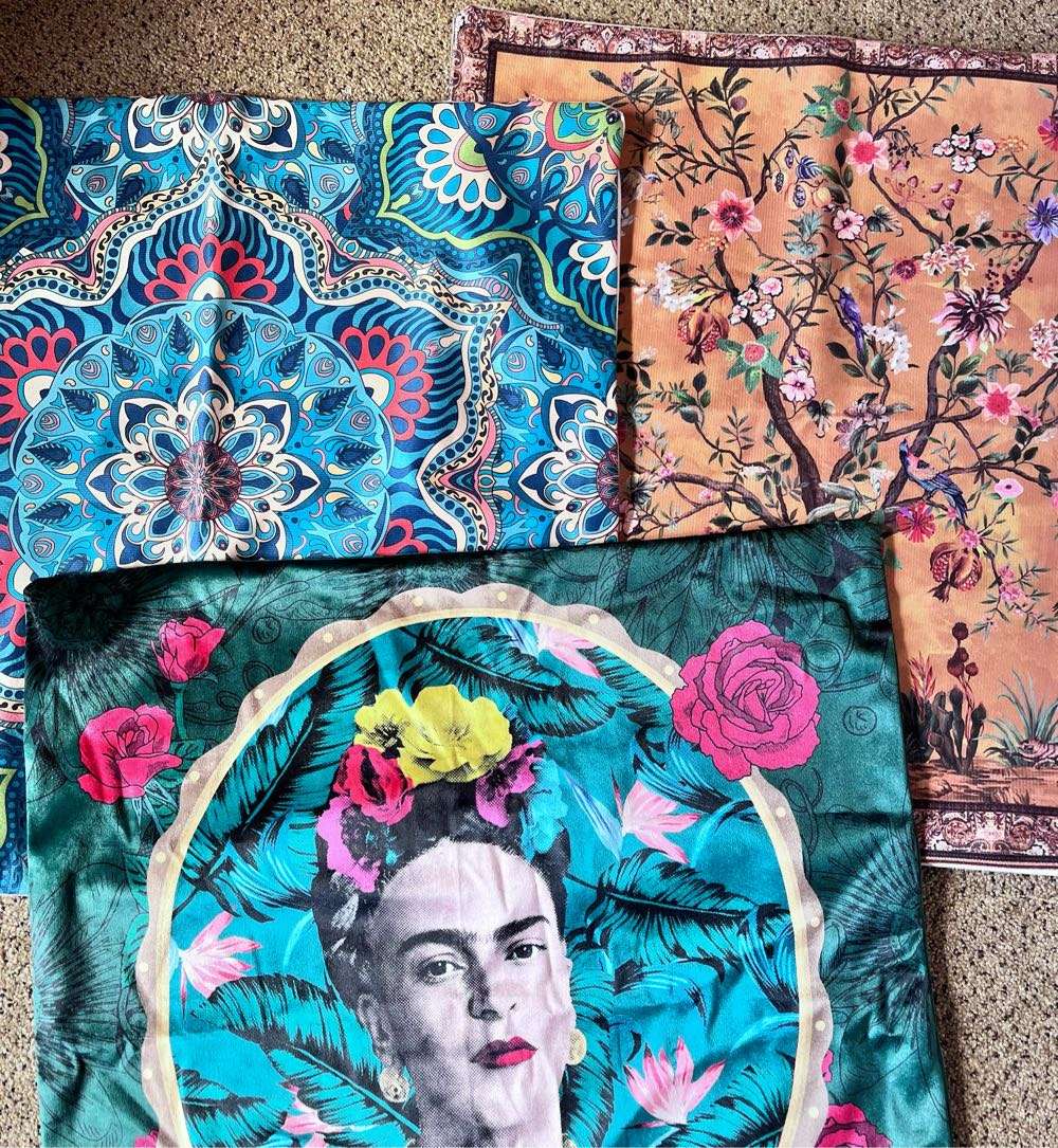 3 unused cushion covers - Kahlo, birds in tree and mandala-type