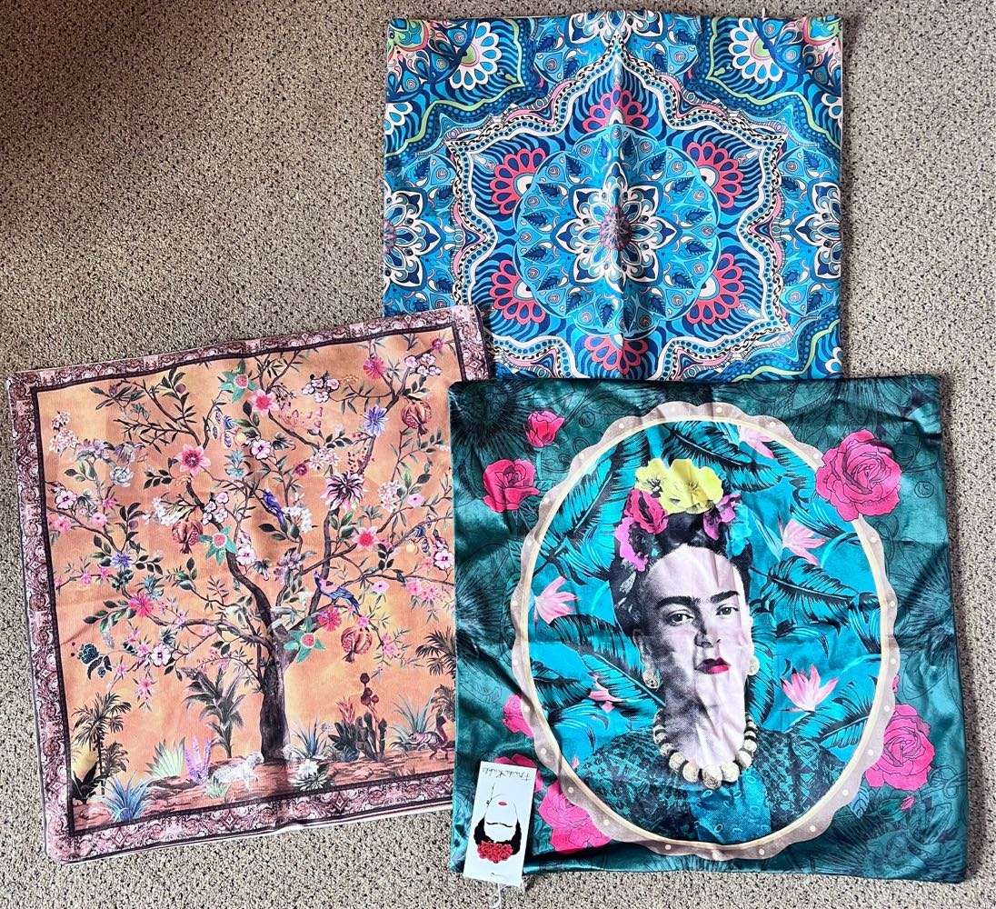 3 unused cushion covers - Kahlo, birds in tree and mandala-type