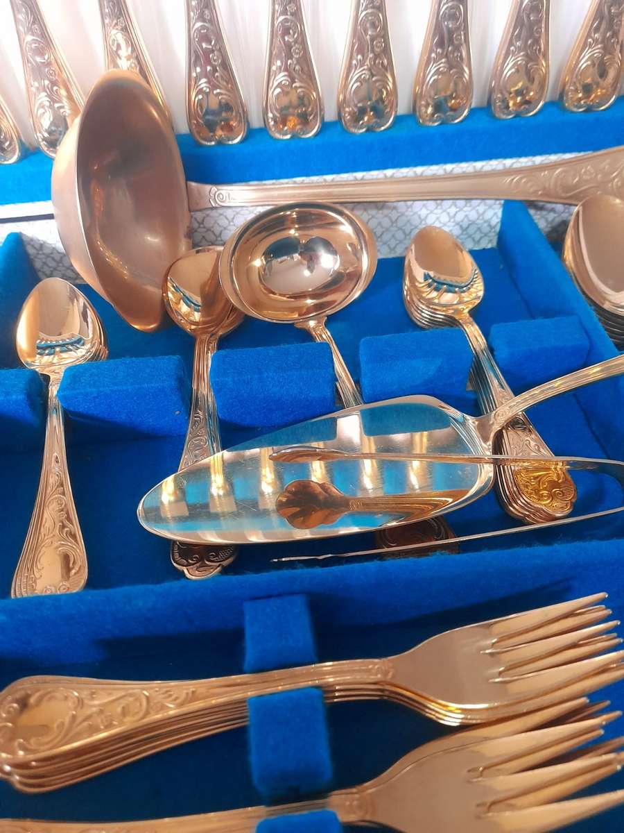 Vintage 72 Piece Cutlery Set, Solingen 23/24 Ct Gold Plated, Germany, Serves 12