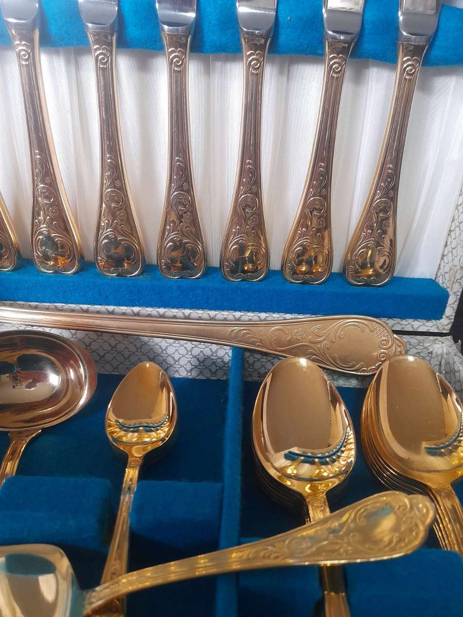 Vintage 72 Piece Cutlery Set, Solingen 23/24 Ct Gold Plated, Germany, Serves 12