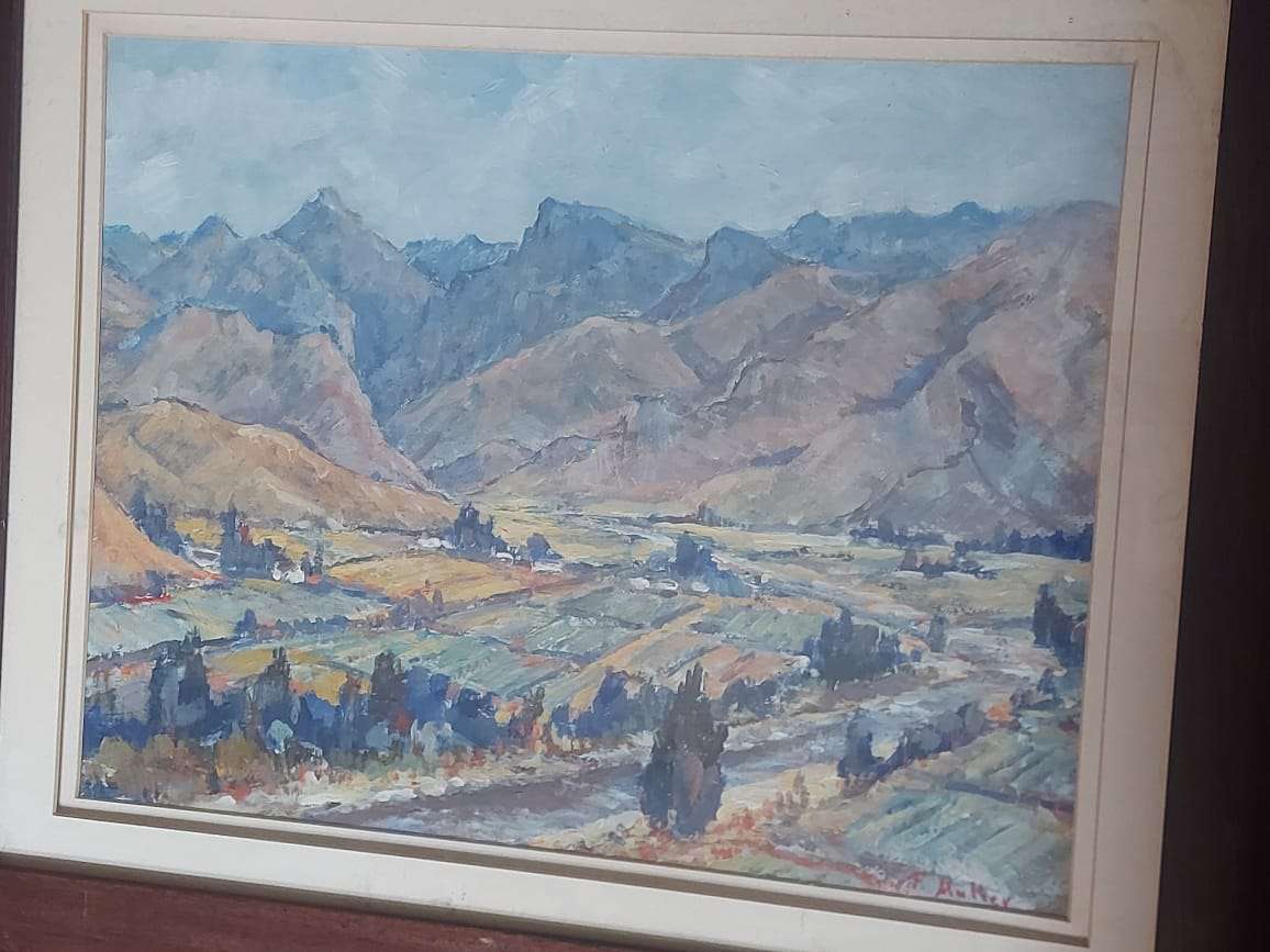 Three paintings, one oil and two watercolours.